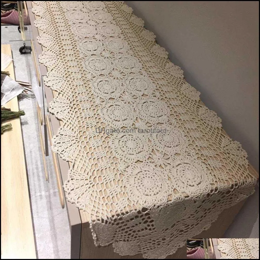 Pa.an Crochet Table Runner Handmade Handicrafts Classic Lace Tablecloth Beige White Table Cover Drop Decor Gifts 220107