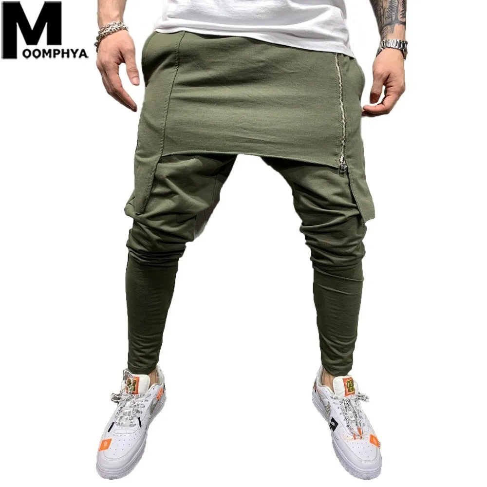 Moomphya 2019 New Zipper Double-Layer Men Joggers Pants Streetwear Hip Hop Harem Pants Men Long Sweatpantsスキニーズボン男性112258H