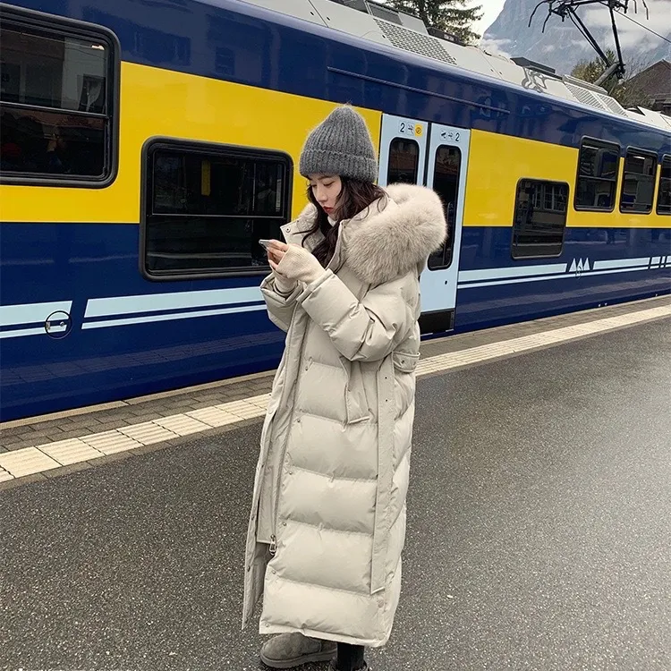 Dames donsjack met capuchon grote bontkraag witte eendvulling winter lang patroon katoen gewatteerd over de knie dikker warm houden effen kleur jas parka lang katoenen jack