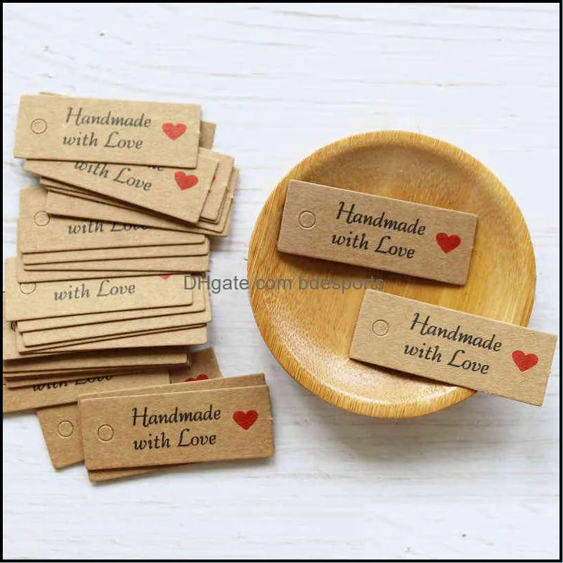 100pcs Kraft Paper Tags with Strings Handmade with Love Hang Tags Garment Tags for Candy/Gift/ Display Packing Label Card Y1230