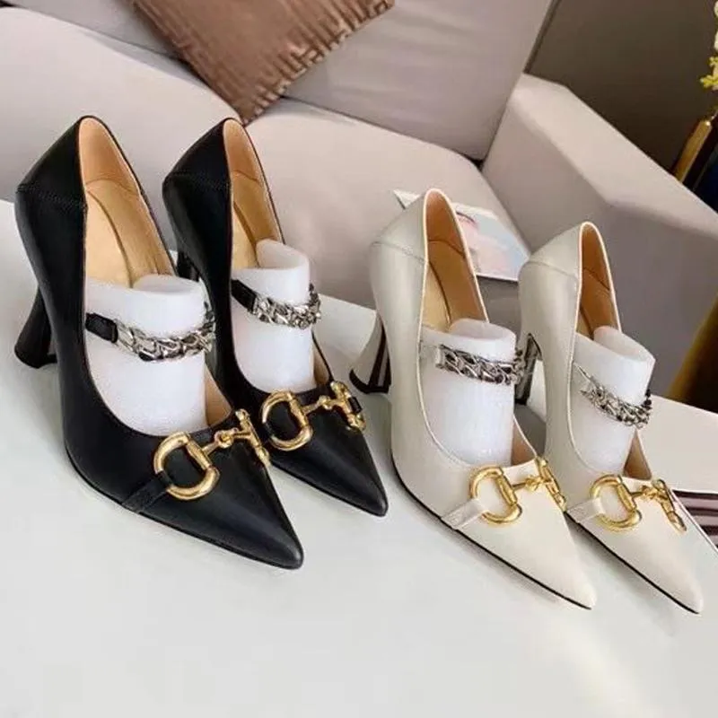 Classic high heeled boat shoe Designer leather Thick heel heels 10cm 100% cowhide Metal Button Pointed shoes chain women Dress shoes Large size 34-42 us5-us11