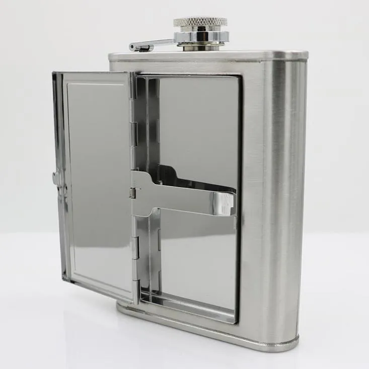 Dual Use Stainless Steel Hip Flasks 5oz 6oz Whisky Stoup Outdoor Portable Liquor Wine Pot With Cigarette Case SN1970