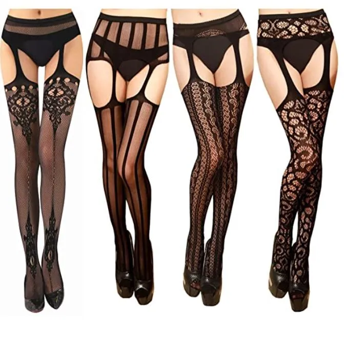 High Waist Tights Fishnet Stockings Mesh Sheer Lace Top Garter Belt Thigh High Stockings Sexy Suspender Pantyhose black