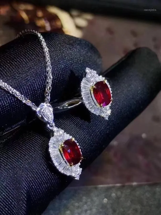 Charming Red Ruby Gemstone Ring en Ketting Sieraden Set Real925 Zilveren Ornament Natuurlijke Gem Girl Party Contal Birthstone Gift Armband, EA