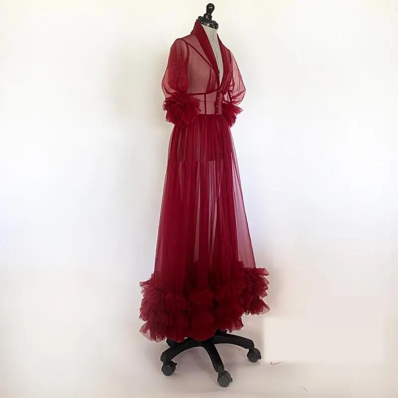 Burgundy Lace Tulle Photography Dress Robe for Women - Nightgown with Ruffles, Perfect for bridal sleepwear, Prom, Bridesmaids, and Pajamas Burgundy Lace Tulle Photography Dress Robe for Women - Nightgown with Ruffles, Perfect for bridal sleepwear, Prom, Bridesmaids, and Pajamas