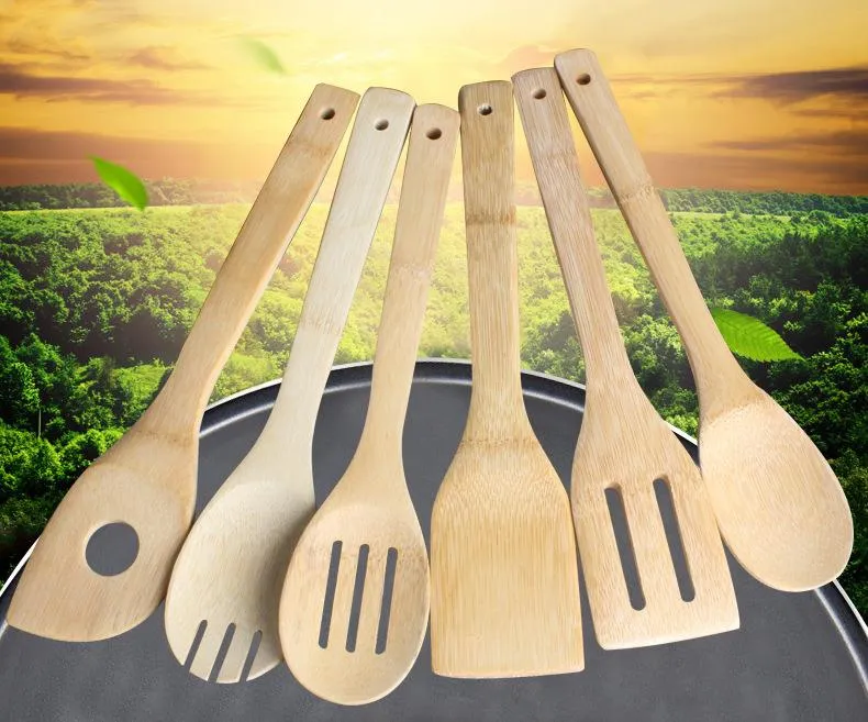 Bambu Spoon Spatel 6 Stilar Portable Trä Utensil Kök Kökskokare Slotted Mixing Holder Ship