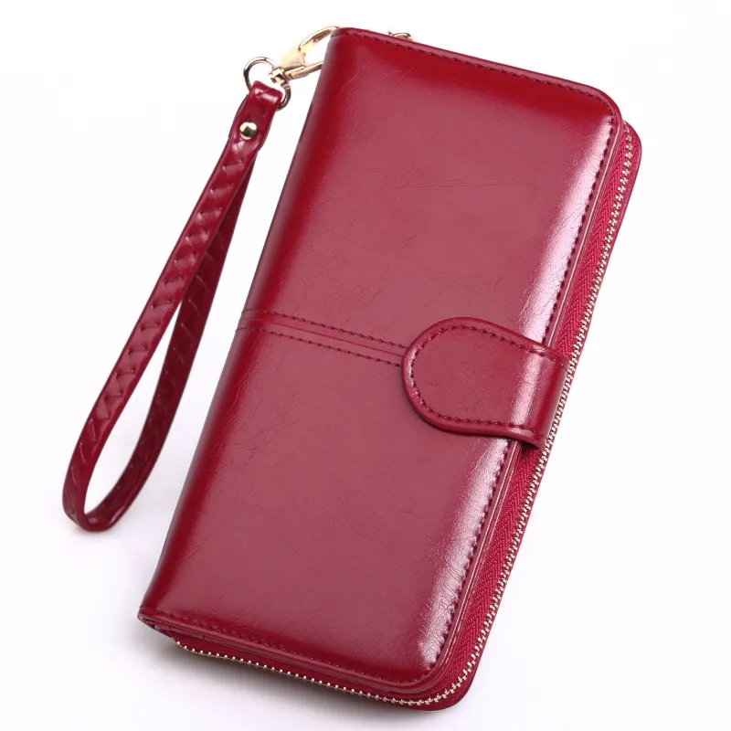 ワックススキン財布ロングジッパー携帯電話バッグ女性オイルスキンビッグマネークリップカードバッグ