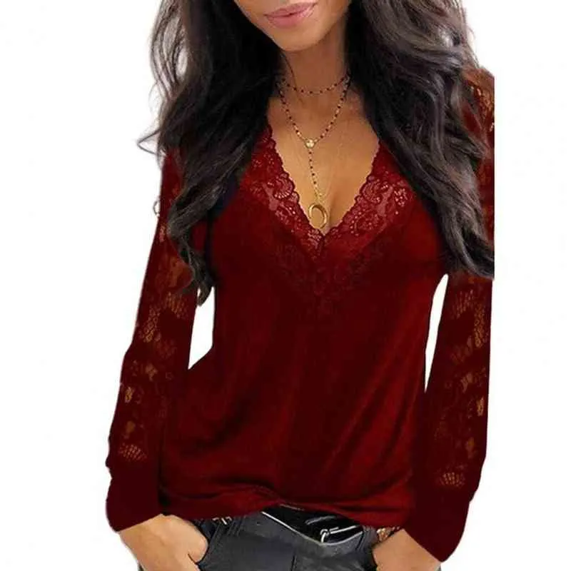 Feminino tops pulôver mulheres sexy mulheres profundas vice-pescoço de renda ver através da blusa de manga longa blusa superior sólido blusa vintage camisas 2021 h1230