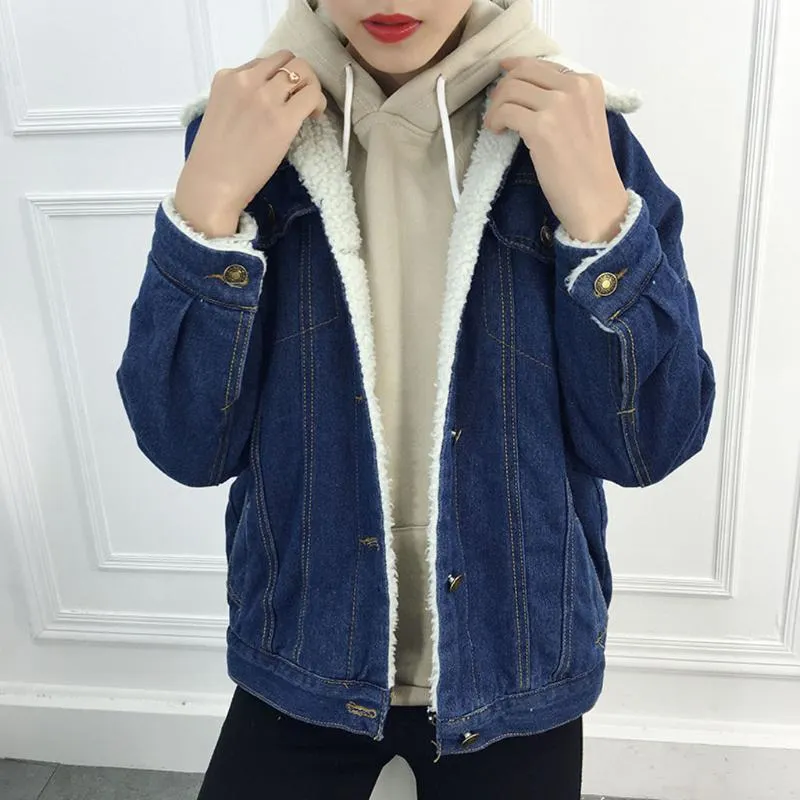 Winter Womens Blue Teddy Jacket Thicken Warm Fleece Denim Denim