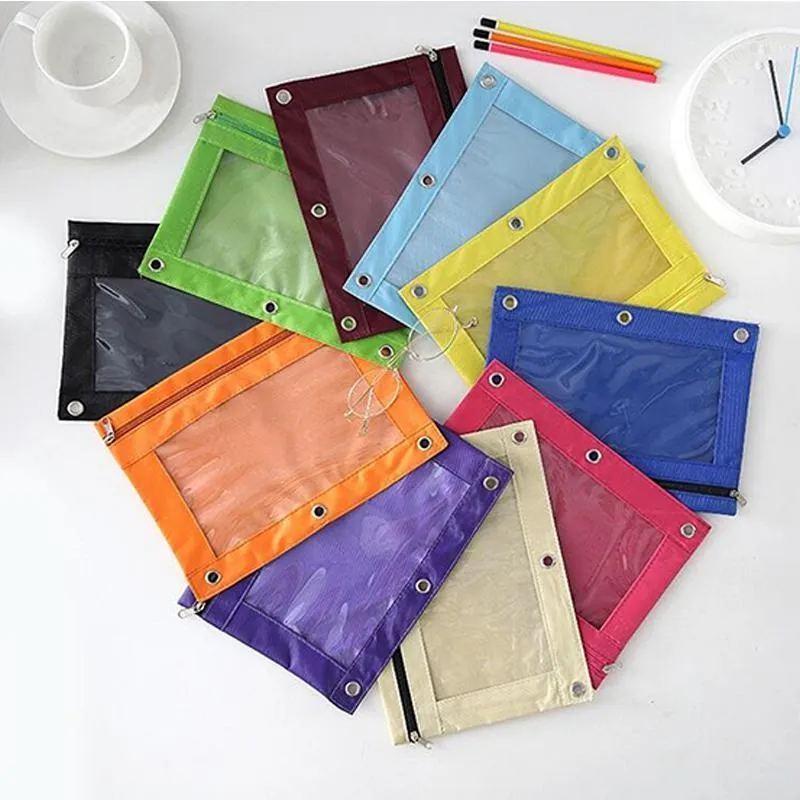 Storage Bags Three-hole Transparent Oxford Cloth Pencil Case Eye Office Stationery Bag Large Capacity Color File Folders