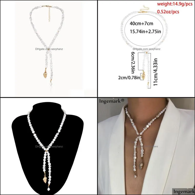 Ingemark Korean Imitation Pearls Long Chain Necklace Summer Wedding Boho Alloy Shell Pendant Choker Necklaces Female Jewelry