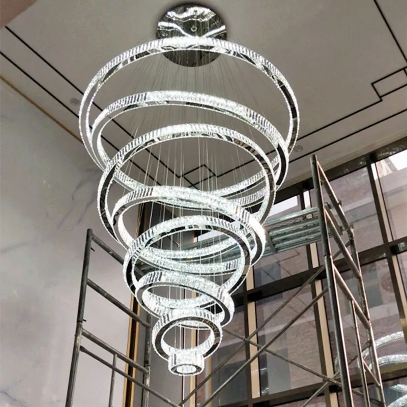 Luksusowe duże 1/2/3/4/5/6/7/8 pierścieni Led okrągły kryształowy żyrandol światła spiralna lampa wisząca nowoczesne oprawy ściemnianie schodów