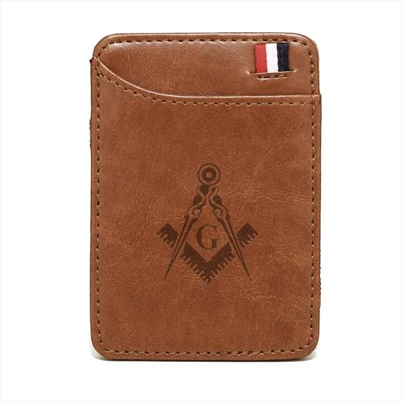 Hot koop klassieke hoge kwaliteit masonic logo lederen magische portefeuilles mode mannen geld clips kaart portemonnee contante houder