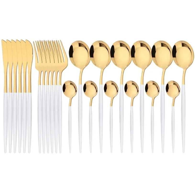24Pcs White Gold Cutlery Set Stainless Steel Dinnerware Colorful Knife Fork Coffee Spoon Tableware Kitchen Dinner Silverware 211229