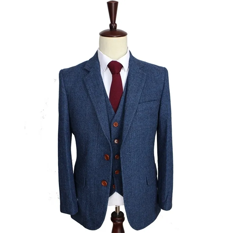 Wollblauer Herringbone-Retro-Gentleman-Stil, maßgeschneiderte Herrenanzüge, maßgeschneiderter Anzug, Blazeranzüge für Männer, 3-teilig (Jacke + Hose + Weste) 201106