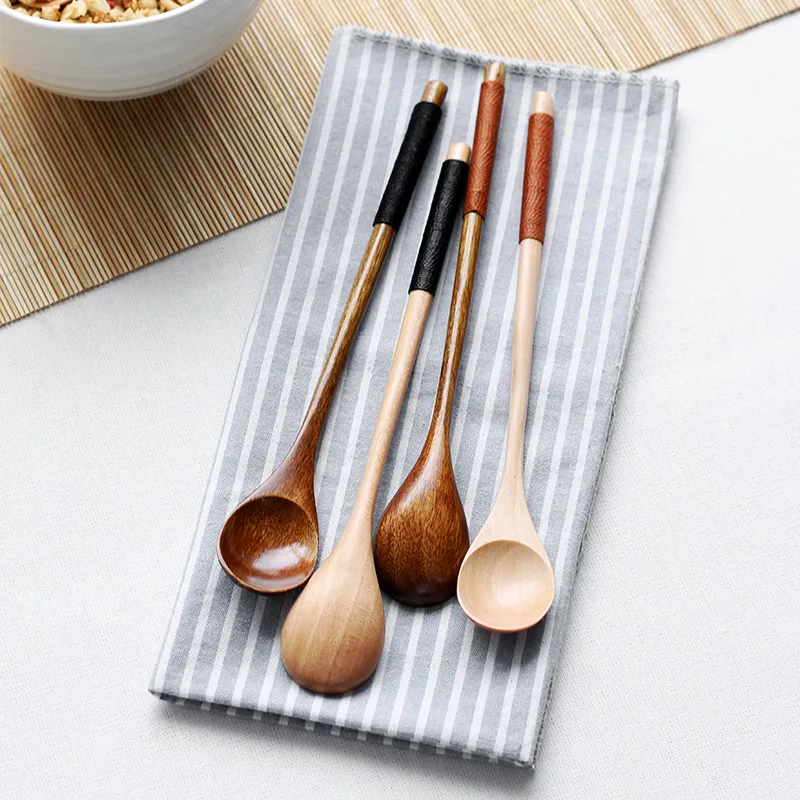 Conjunto ecológico Conjunto de 6 Long Handle Colher De Madeira Café Colher de Chá Natural De Madeira Sobremesa Honey Spoon Bar Louça Acessórios HHE2501