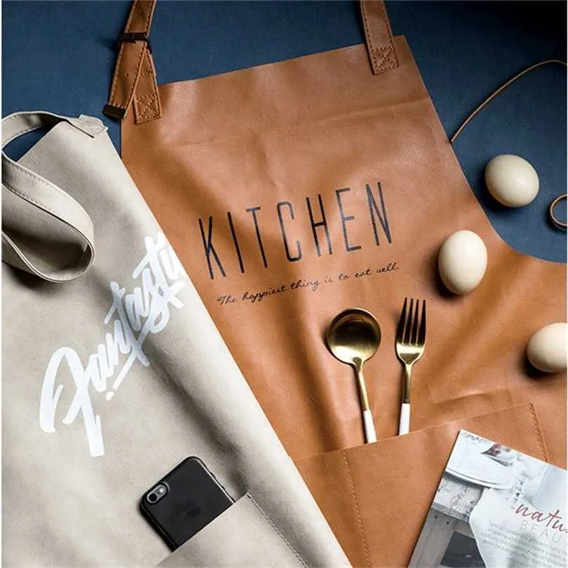 Nordic English Letter Pattern Leather Waterproof Apron Anti-oil Adjustable Aprons Home Kitchen Tool For Cooking Baking Clean 211222