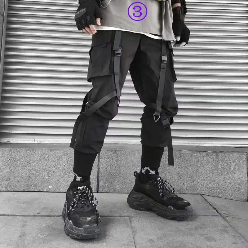 Męskie spodnie Techwear Hip-Hop Jogger Wstążka Sportowa Streetwear Black Harem Kombinezony Multi-Pocket Casual