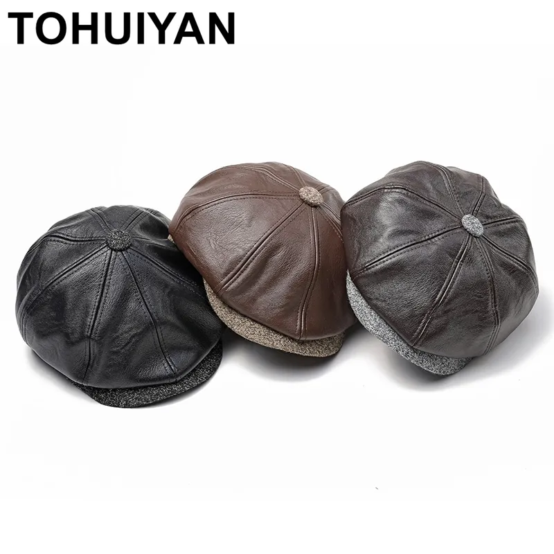 TOHUIYAN Classic Leather Newsboy Cap For Men Autumn Winter Warm Octagonal Hat Snap Brim Collection Hats Gentleman Beret Caps Y200110