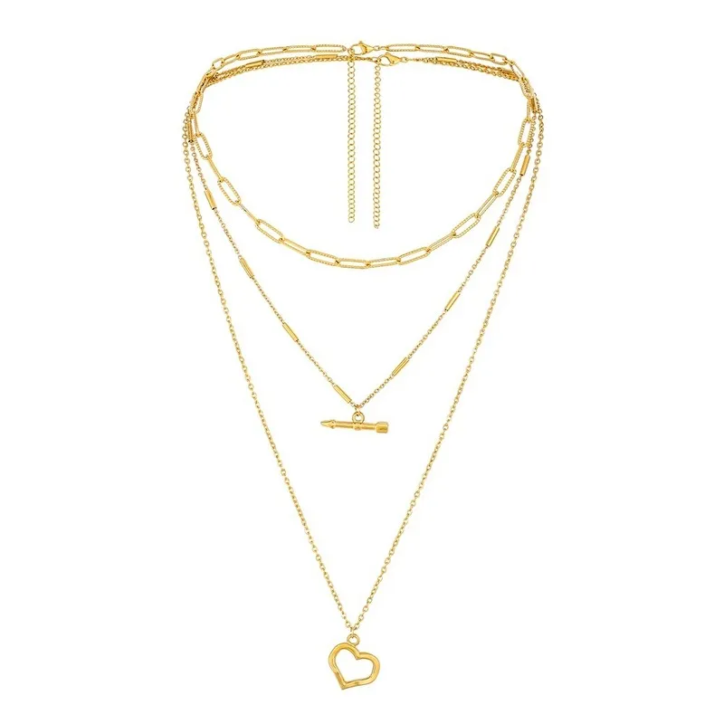 Collier avec pendentif en forme de cœur ajouré à la mode coréenne, collier multicouche en acier inoxydable