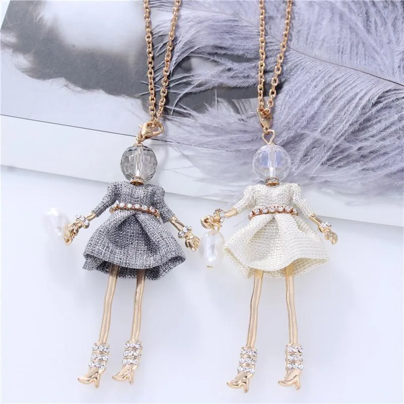 Cristal poupée pendentif collier pour femmes coton robe métal strass ceinture longue chaîne collier perle sac à main bijoux colliers