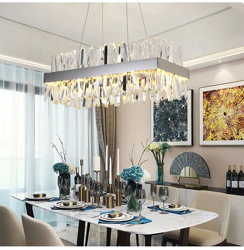 Lampadario moderno in cristallo per sala da pranzo Design rettangolare Apparecchi di illuminazione per isola della cucina LED cromato Cristal Lustre