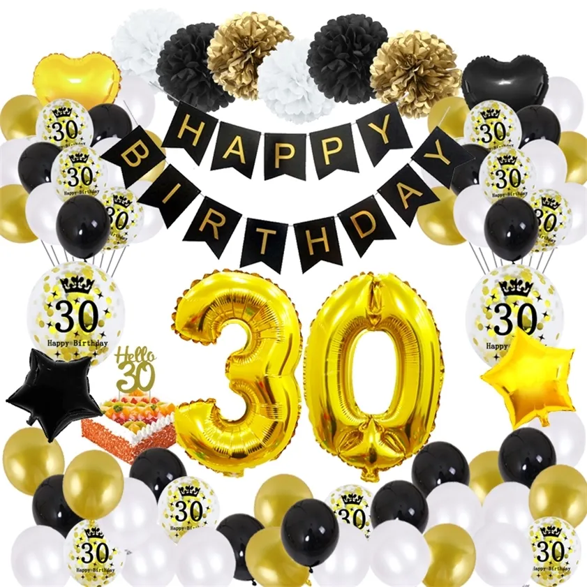 51st/set 30 födelsedagsfestdekorationer stor lycklig banner kvinna man deco årvilar 30 år svarta gyllene ballonger 220217