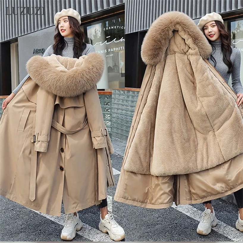 LUZUZI Veste d'hiver pour femme à capuche X-Long épais coton chaud rembourré Parkas femme doublure en laine détachable plus taille vestes manteau 201210