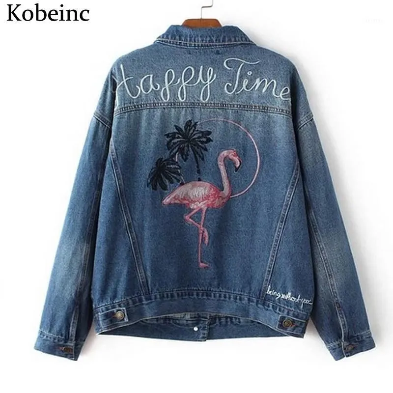 Damskie Kurtki Hurtownie - Zwierząt List Haft Haft Denim Dla Kobiet 2021 Vintage Z Kieszenie Płaszcze Kobiet Z Długim Rękawem Abrigos Plus Size Cha