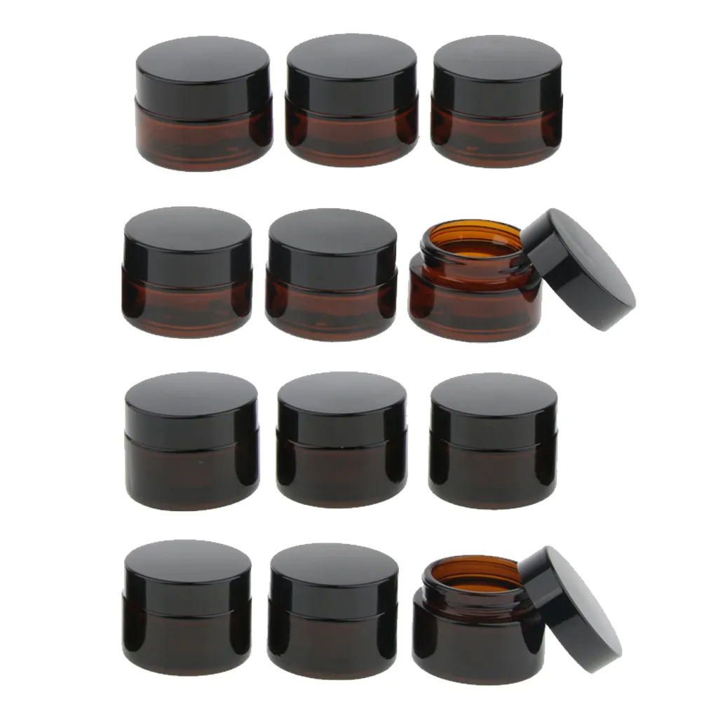 12/pack Mini Glass Jars with Lids Amber Glass Vials Airtight Cosmetic Small Empty Refillable Bottle Cosmetic Sample Containe