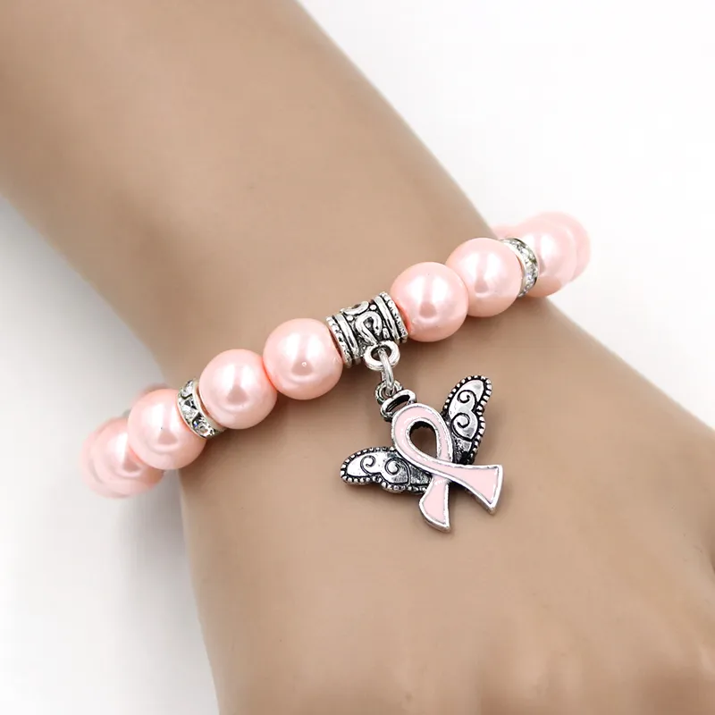 Partihandel Nyankomst Pearl Bead Breast Cancer Awareness Armband Änglavingar Rosa Band Berlocker Armband Smycken för Cancer Center