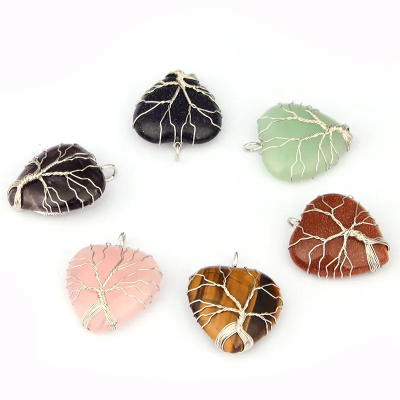 Natural Heart-shaped Gemstone Hand Woven Tree of life Fashion Pendant Lovers Love Gifts Jewelry Amethyst Rose Quartz Healing Crystal Men Women Necklace