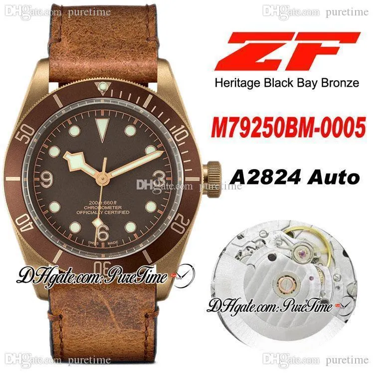 ZF 79250 Bronze A2824 Automatic Mens Watch 43mm Brown Dial Aged Brown Leather Strap Edition Puretime PTTD Nato Strap C14244p