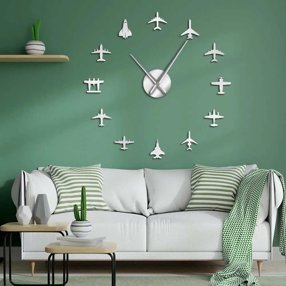 Latający samolot myśliwiec Modern Duży Zegar ścienny DIY Akrylowy Lustro Efekt Naklejki Samolot Cicha Clock Clock Aviator Home Decor LJ200827