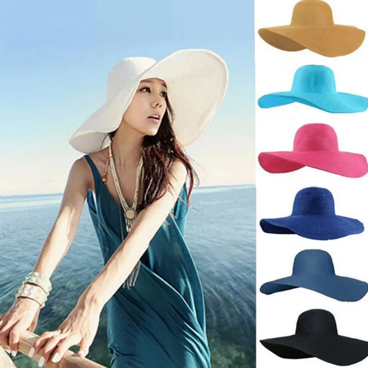 Sombrero de playa Mujer Sombreros plegables de ala grande Gorro para el sol de mar Gorros de paja de color puro Vacaciones al aire libre Sombreros de moda de veranoWMQWMQWM CGY670