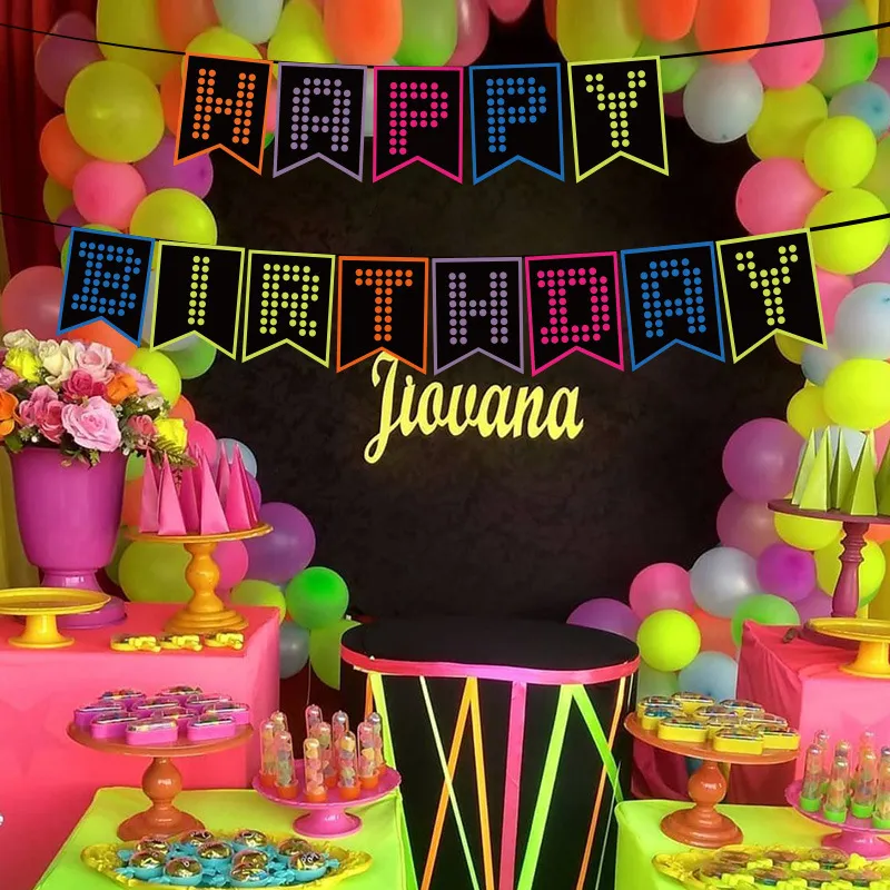 Personalized Neon Birthday Banner, Glow in the Dark Birthday Party Decor,  Blacklight Happy Birthday