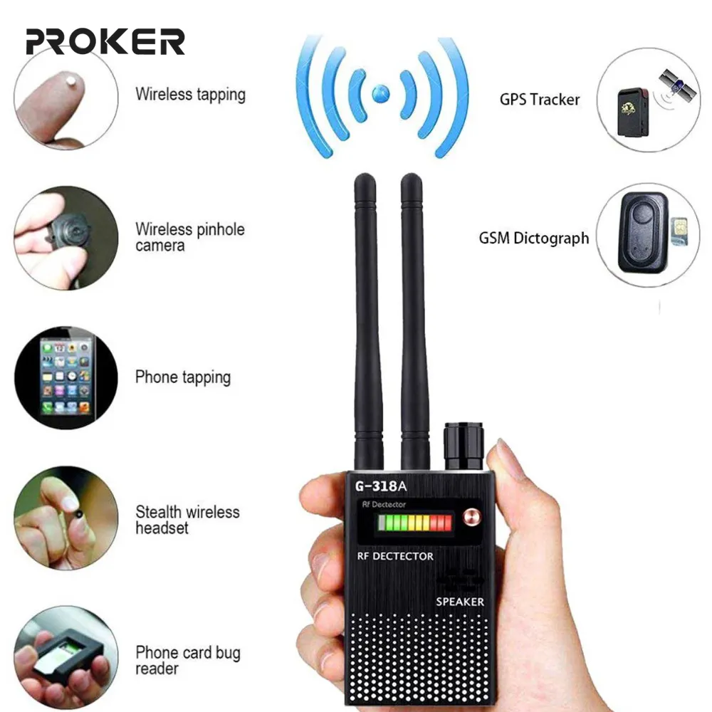 Proker Antena dual GPS Señal inalámbrica Detector automático Buscador racker Escaneo de frecuencia Barredora Proteger seguridad G318A