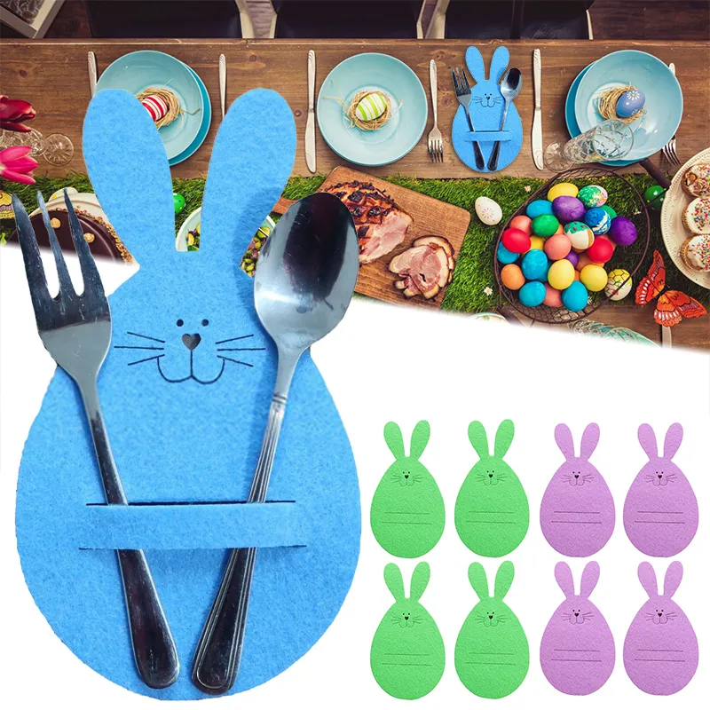 4 st / set påskkanin bestick väska fjäderfest kanin ägg formad sked gaffelhållare middag bord dekoration