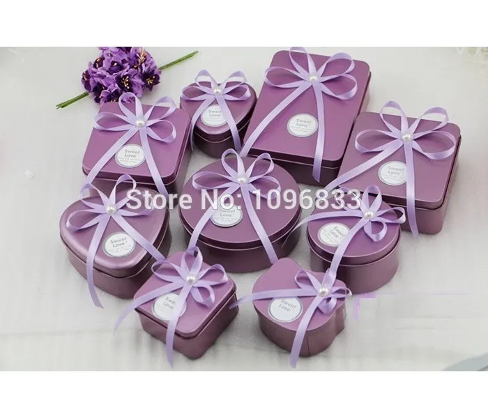 Lila Tin Metal Box Present Candy Packaging Cans Heart Round Square Container Bonbonniere, 25st / Lot