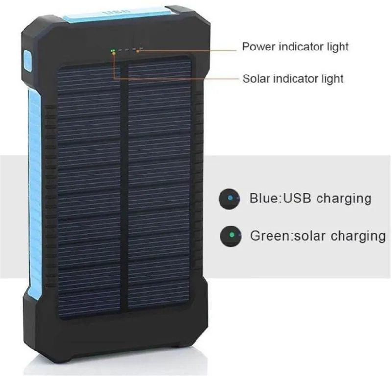 Cargador solar, cargador de batería solar de 20000 mAh, impermeable,  portátil, con respaldo externo, para exteriores, con linternas LED duales,  panel