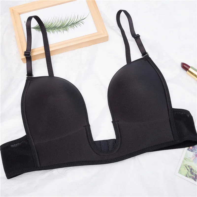 Women Low Back Bra Wire Lifting Deep U Shaped Plunge Backless Push Up Bra