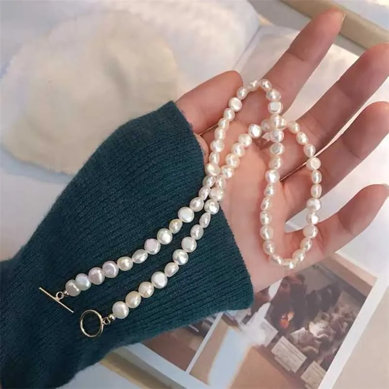 Collier de perles de perles de perles d'eau douce baroqueononny nacelle 14K gold rond boucle exquise 6-7mm perles bijoux nce 220119