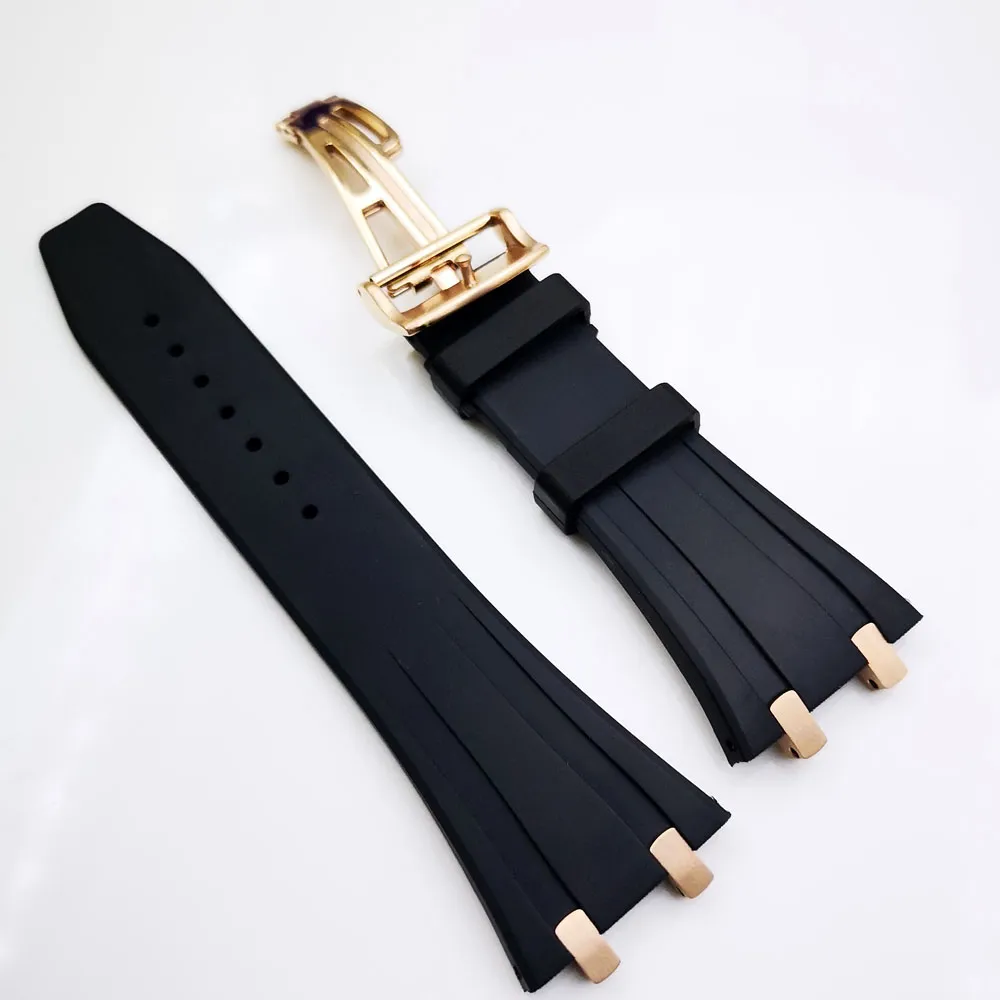 27mm Black Rubber Strap 18mm Rose Gold Steel Strainless Folding Strap for AP Royal Oak 15400 15390 39mm 41mm Models Watch