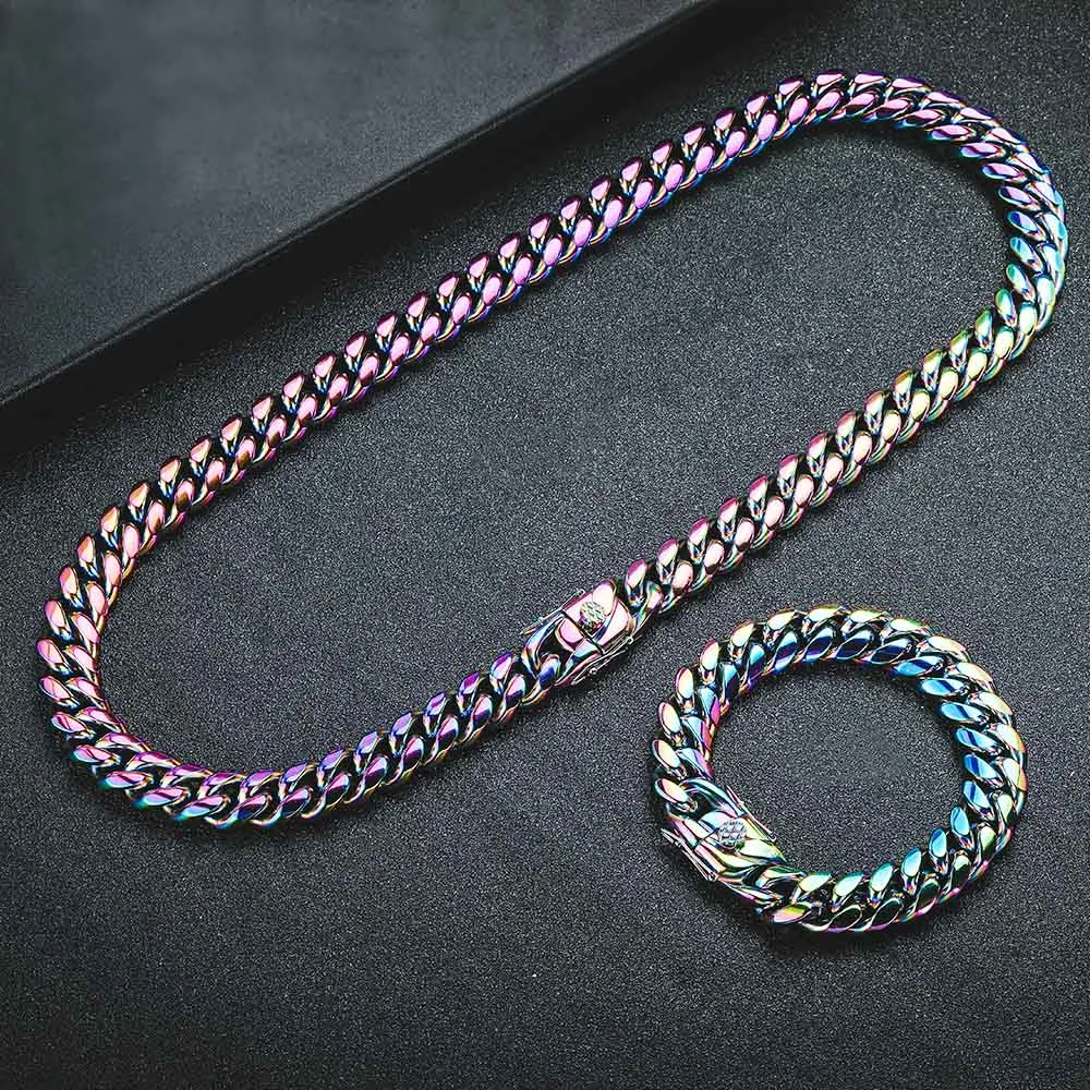 316L Aço Inoxidável Homens Mulheres Hip Hop Mutilcolor Jóias Cubana Link Cadeia Colar Colar Pulseiras Iridescence Corrida Correntes 6mm / 8mm / 10mm / 12mm / 14mm