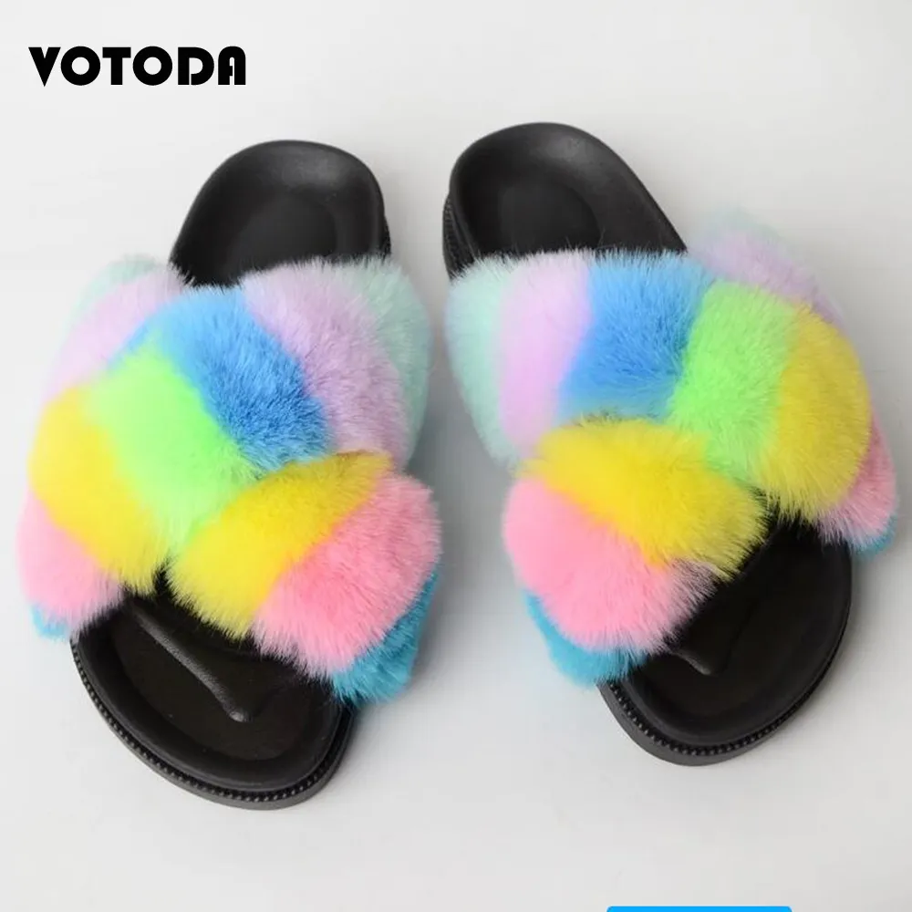 Womens Fox Fur Sliders Furry Faux Fur Sandals Fluffy House