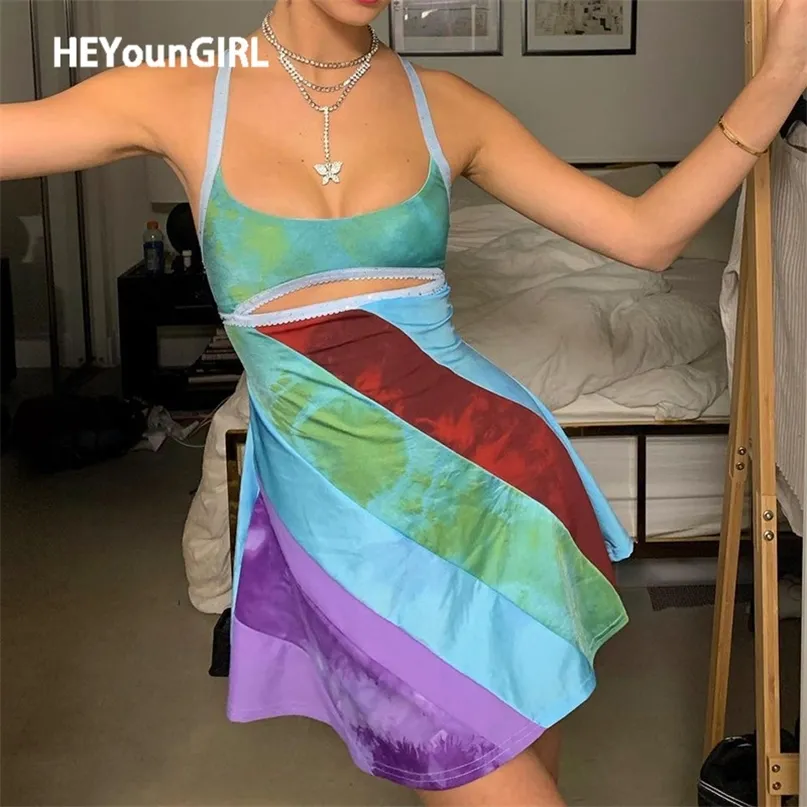 HEYounGIRL Patchwork Sleeveless Strap A Line Mini Dress Hollow Out Backless 90s Fashion Short Dresse Summer Party 220308