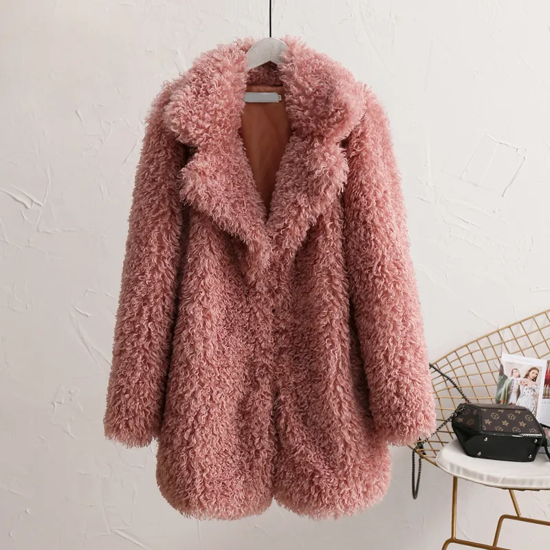 Inverno grosso casaco de pele de pele feminina macio rosa teddy outfit jaqueta streetwear quente sobretudo peludo shaggy outerwear femme lj201204