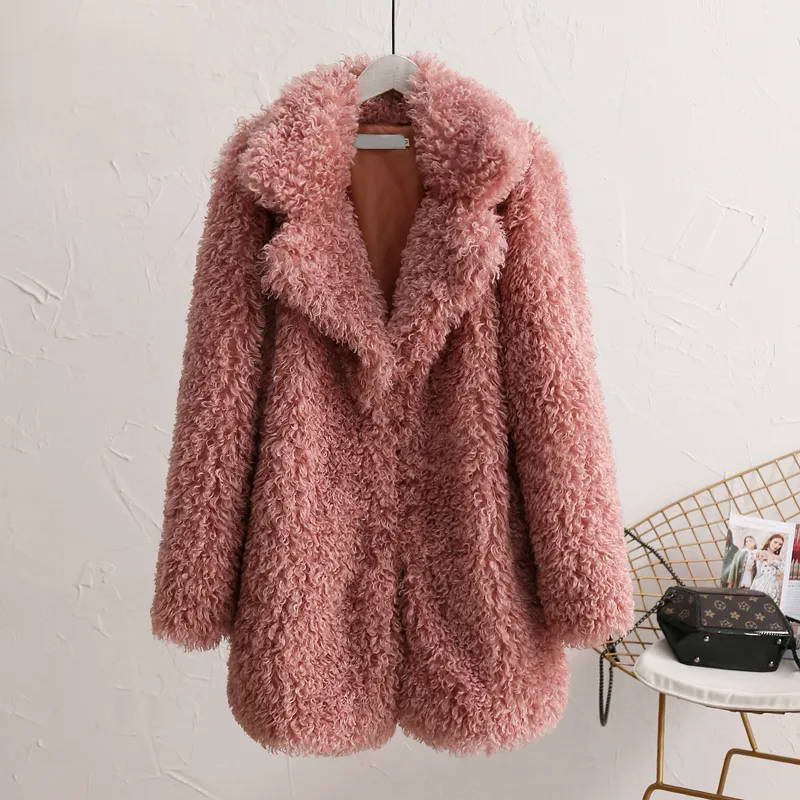 Vinter Tjock Faux Fur Coat Kvinnor Fluffy Rosa Teddy Outfit Jacket StreetWear Warm Furry Overcoat Shaggy Outerwear Femme LJ201204