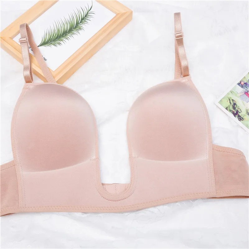 Womens Deep U Shaped Plunge Lift Up Invisible Lift Up Bra With Low