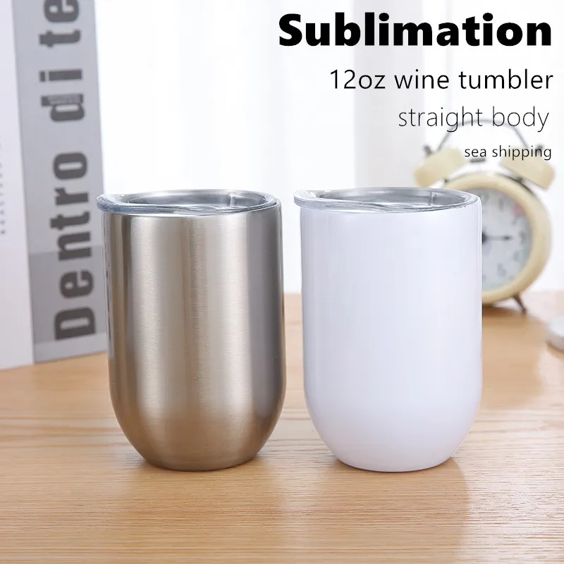 12oz sublimation wine mug straight frink glasses blank champagne mug 2-layers vacuum insulated coffee mugs with lid